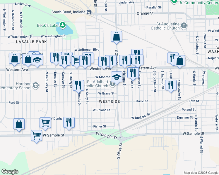 map of restaurants, bars, coffee shops, grocery stores, and more near 2426 Huron Street in South Bend