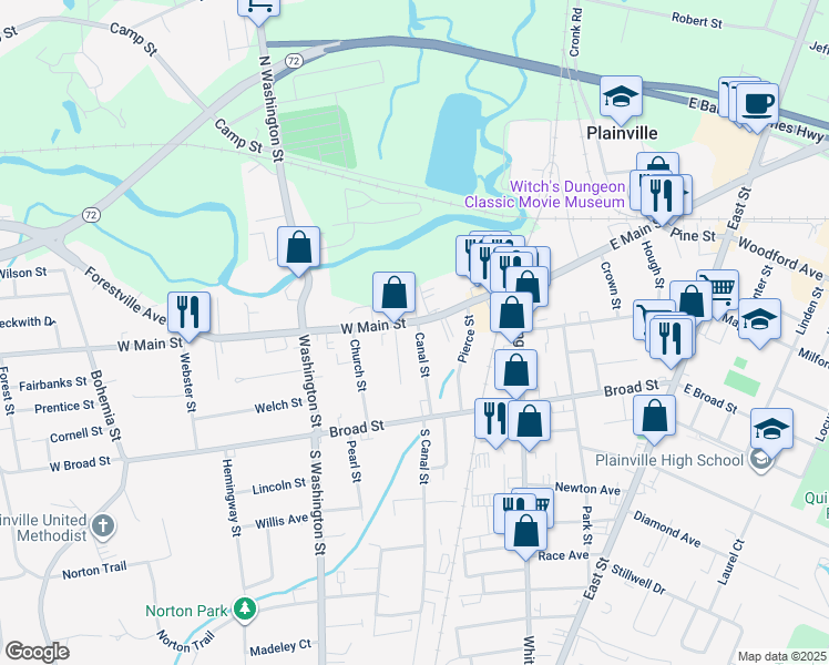 map of restaurants, bars, coffee shops, grocery stores, and more near 7R Canal Street in Plainville