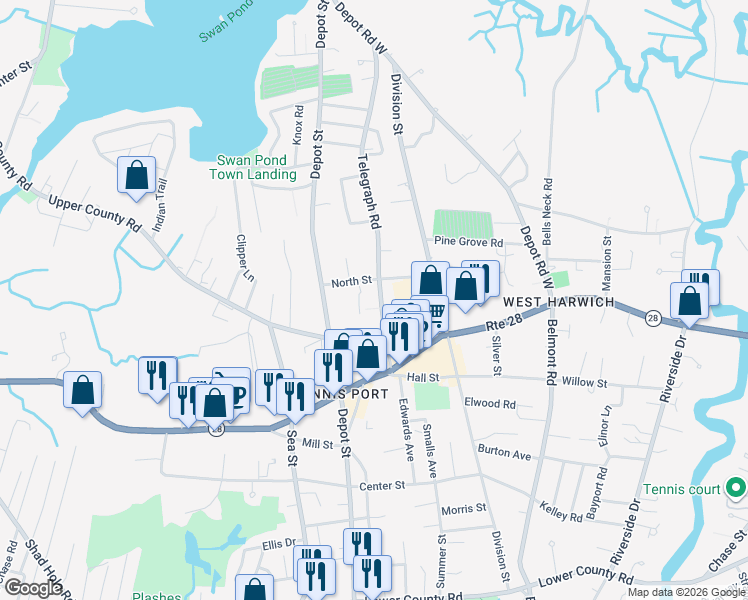 map of restaurants, bars, coffee shops, grocery stores, and more near 57 Telegraph Rd in Dennis