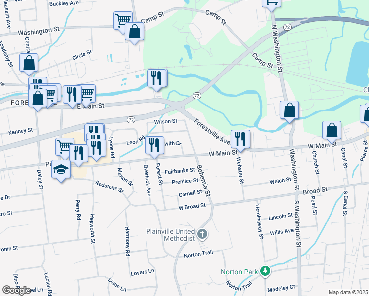 map of restaurants, bars, coffee shops, grocery stores, and more near 6 Beckwith Drive in Plainville