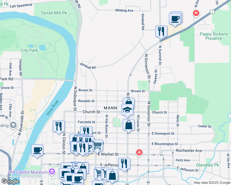 map of restaurants, bars, coffee shops, grocery stores, and more near 529 Brown Street in Iowa City