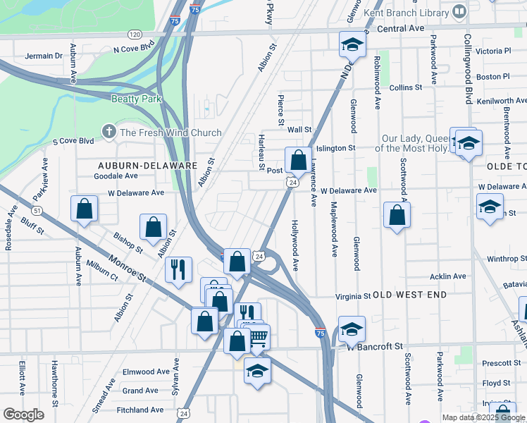map of restaurants, bars, coffee shops, grocery stores, and more near 2460 Lawton Avenue in Toledo