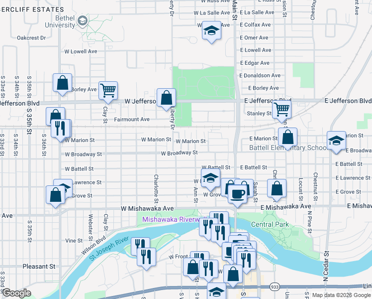 map of restaurants, bars, coffee shops, grocery stores, and more near 312 West Broadway Street in Mishawaka