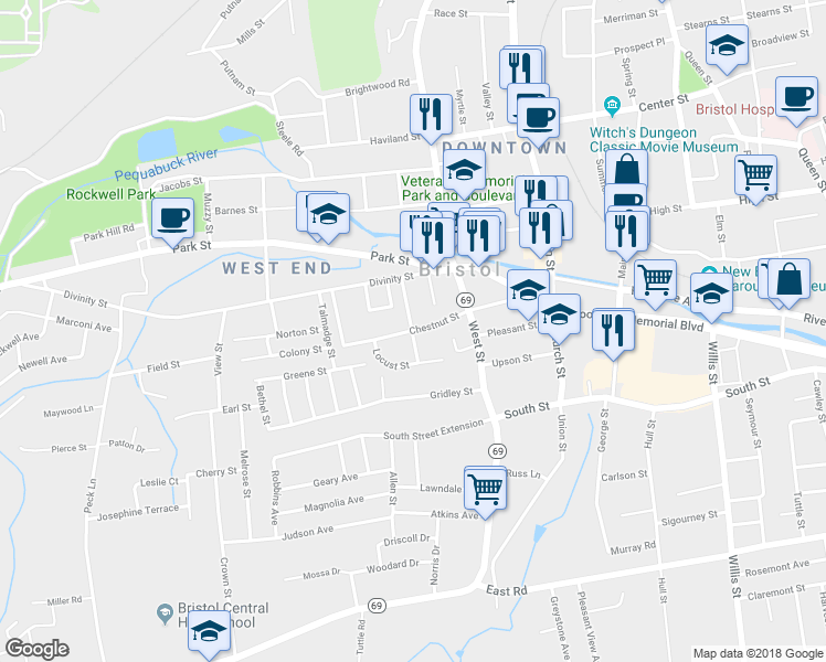 map of restaurants, bars, coffee shops, grocery stores, and more near Chestnut St & Pratt St in Bristol