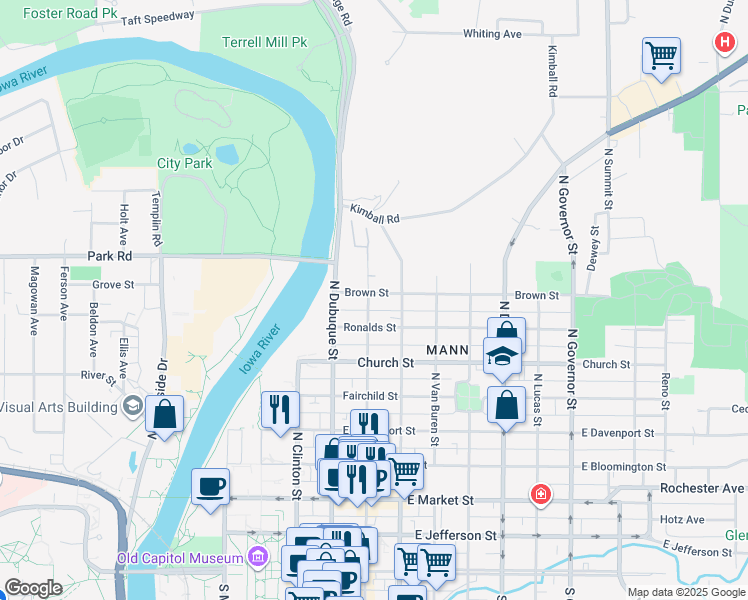 map of restaurants, bars, coffee shops, grocery stores, and more near 730 North Linn Street in Iowa City