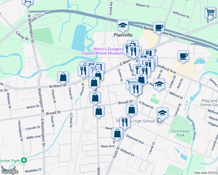 map of restaurants, bars, coffee shops, grocery stores, and more near 4 Park Street in Plainville