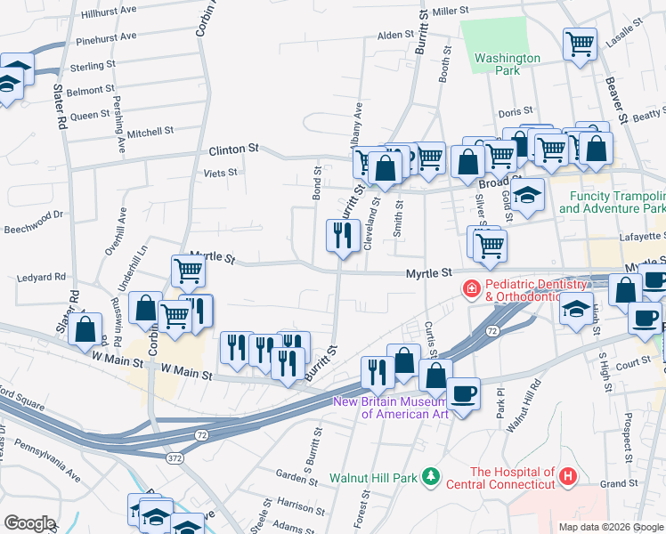 map of restaurants, bars, coffee shops, grocery stores, and more near 495 Myrtle Street in New Britain
