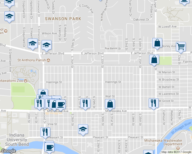 map of restaurants, bars, coffee shops, grocery stores, and more near 614 South 29th Street in South Bend