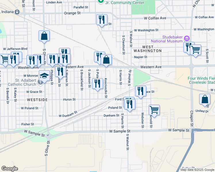 map of restaurants, bars, coffee shops, grocery stores, and more near 512 Kosciuszko Street in South Bend