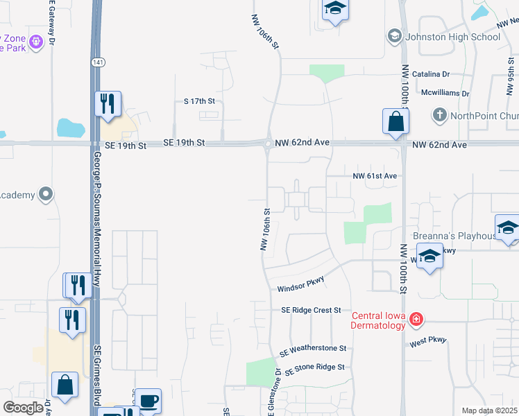 map of restaurants, bars, coffee shops, grocery stores, and more near 6000 Northwest 106th Street in Johnston