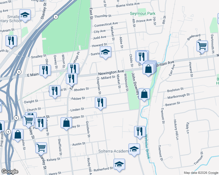 map of restaurants, bars, coffee shops, grocery stores, and more near 169 Rhodes Street in New Britain