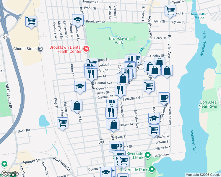 map of restaurants, bars, coffee shops, grocery stores, and more near 160 Query Street in New Bedford