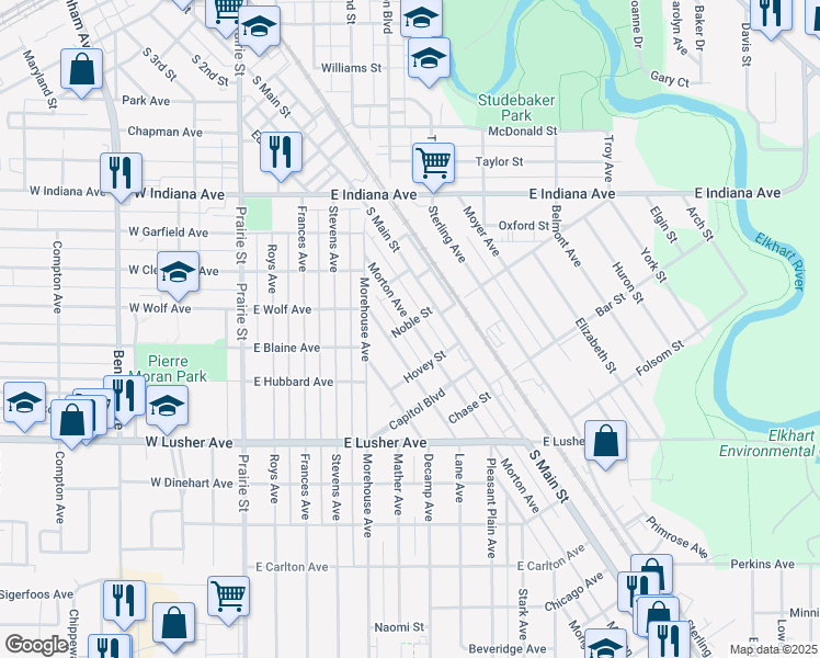 map of restaurants, bars, coffee shops, grocery stores, and more near 1701 Morton Avenue in Elkhart