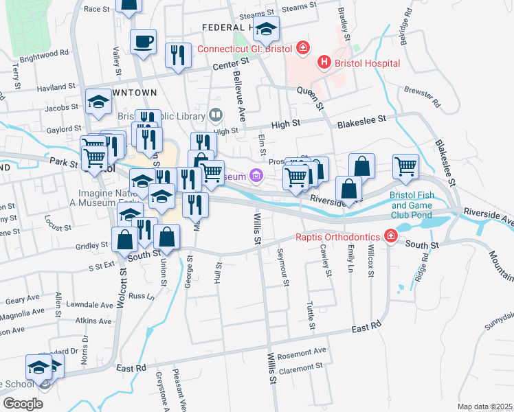 map of restaurants, bars, coffee shops, grocery stores, and more near 70 Memorial Boulevard in Bristol