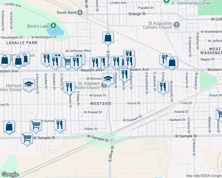 map of restaurants, bars, coffee shops, grocery stores, and more near 502 South Olive Street in South Bend