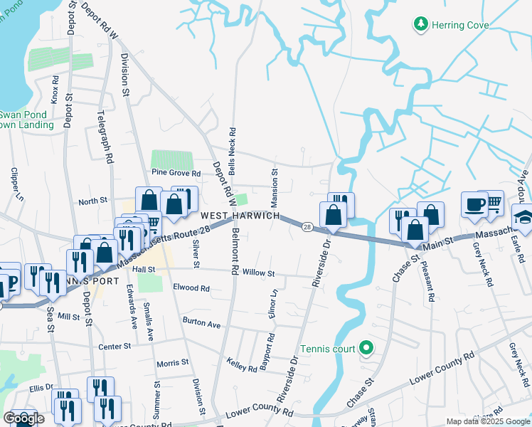 map of restaurants, bars, coffee shops, grocery stores, and more near 71 Main Street in Harwich