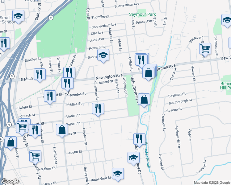 map of restaurants, bars, coffee shops, grocery stores, and more near 17 Market Street in New Britain