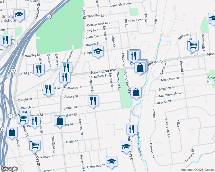 map of restaurants, bars, coffee shops, grocery stores, and more near 169 Rhodes Street in New Britain