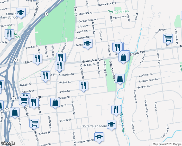 map of restaurants, bars, coffee shops, grocery stores, and more near 169 Rhodes Street in New Britain