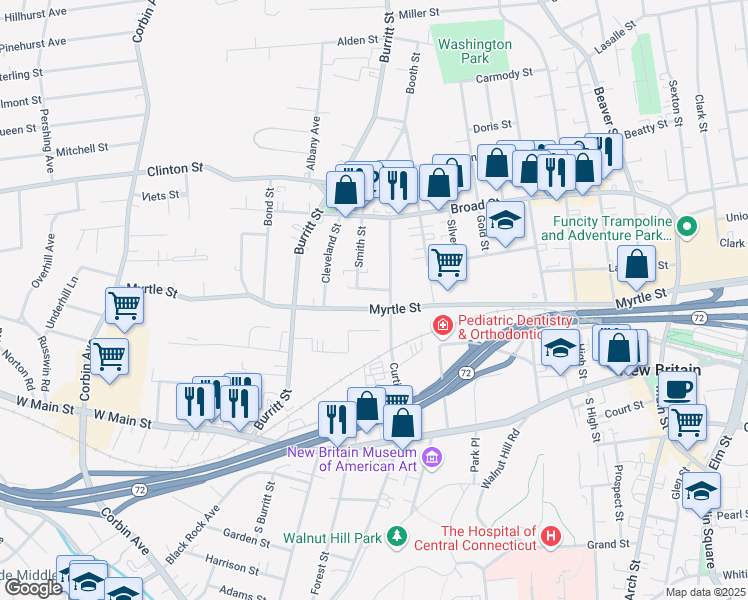 map of restaurants, bars, coffee shops, grocery stores, and more near 144 Curtis Street in New Britain