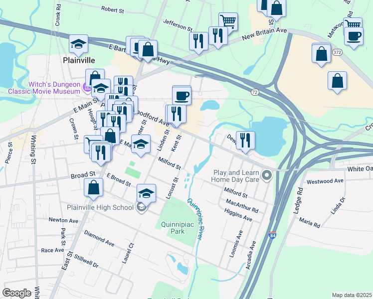 map of restaurants, bars, coffee shops, grocery stores, and more near 20 Woodland Street in Plainville