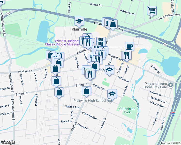 map of restaurants, bars, coffee shops, grocery stores, and more near 63 East Street in Plainville