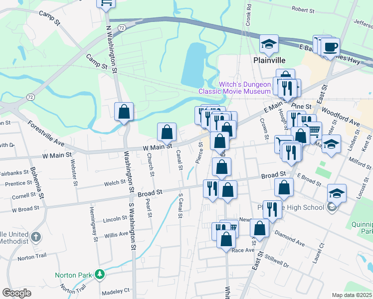 map of restaurants, bars, coffee shops, grocery stores, and more near 88 West Main Street in Plainville