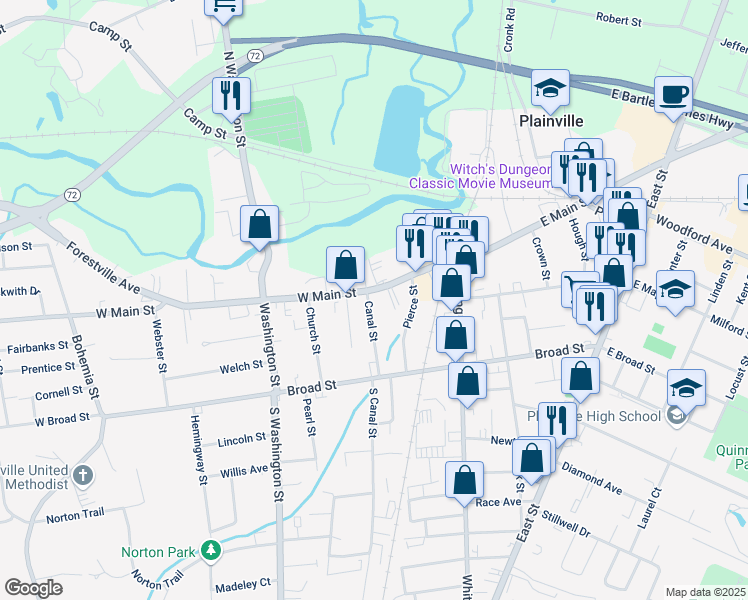 map of restaurants, bars, coffee shops, grocery stores, and more near 7R Canal Street in Plainville