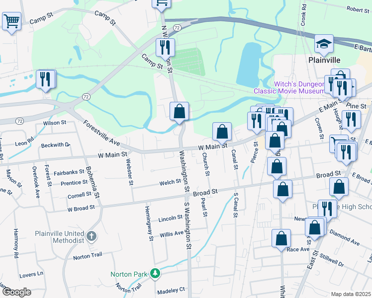map of restaurants, bars, coffee shops, grocery stores, and more near in Plainville