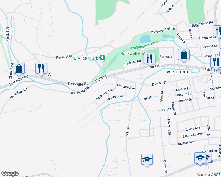 map of restaurants, bars, coffee shops, grocery stores, and more near 60 Rockwell Avenue in Bristol