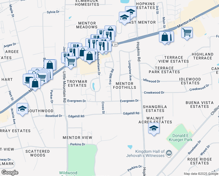 map of restaurants, bars, coffee shops, grocery stores, and more near 7376 Fox Mill Road in Mentor