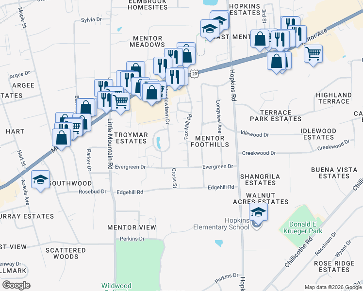 map of restaurants, bars, coffee shops, grocery stores, and more near 7376 Fox Mill Road in Mentor