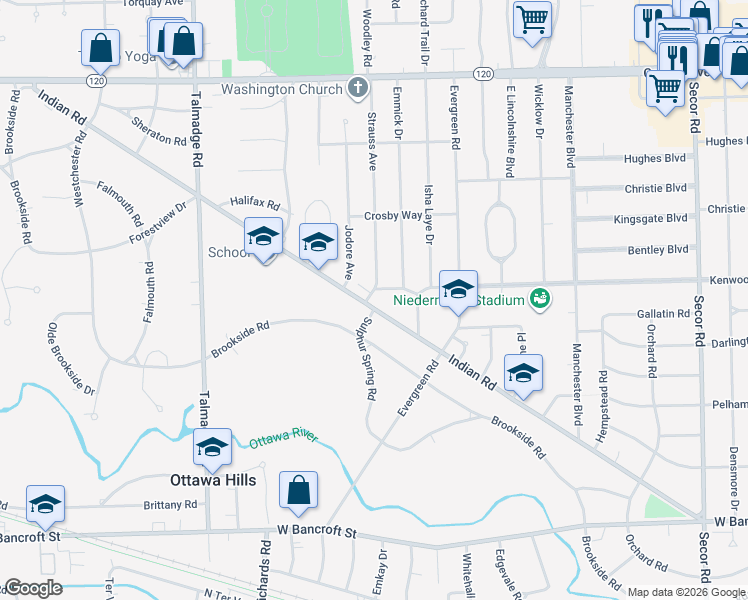 map of restaurants, bars, coffee shops, grocery stores, and more near 3915 Indian Road in Toledo