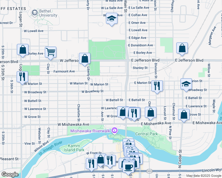 map of restaurants, bars, coffee shops, grocery stores, and more near 208 West Broadway Street in Mishawaka