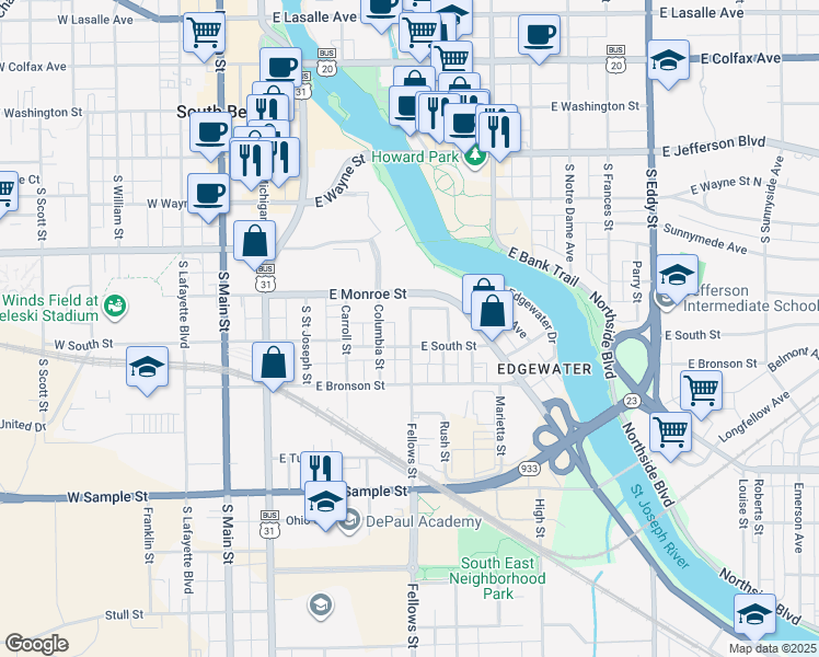 map of restaurants, bars, coffee shops, grocery stores, and more near 512 Monroe Street in South Bend