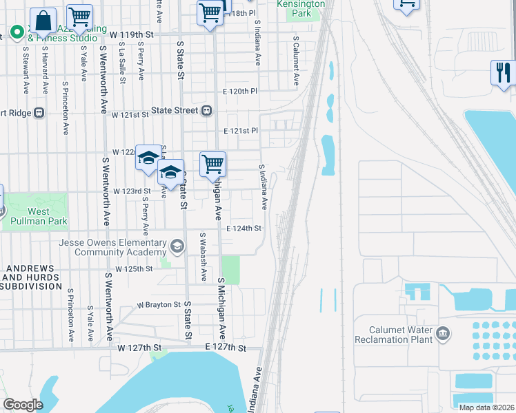 map of restaurants, bars, coffee shops, grocery stores, and more near 12322 South Indiana Avenue in Chicago