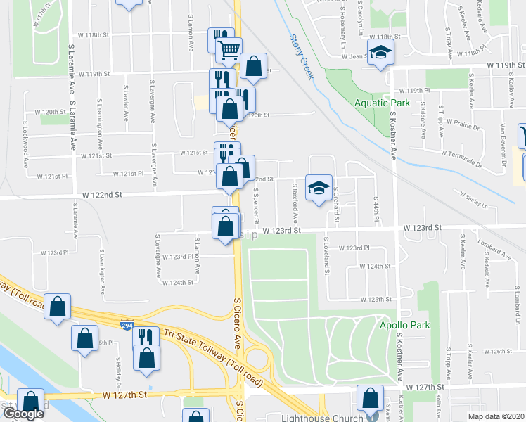 map of restaurants, bars, coffee shops, grocery stores, and more near 12240 South Spencer Street in Alsip