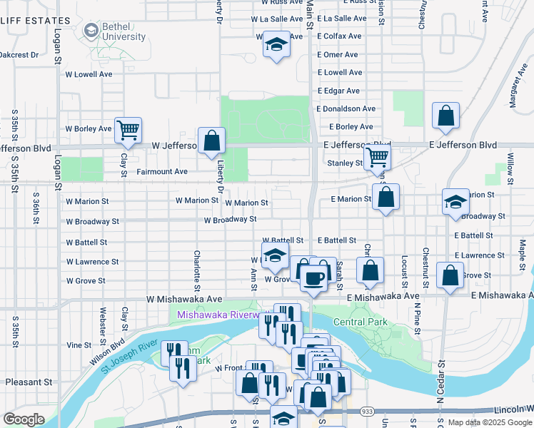 map of restaurants, bars, coffee shops, grocery stores, and more near 208 West Broadway Street in Mishawaka