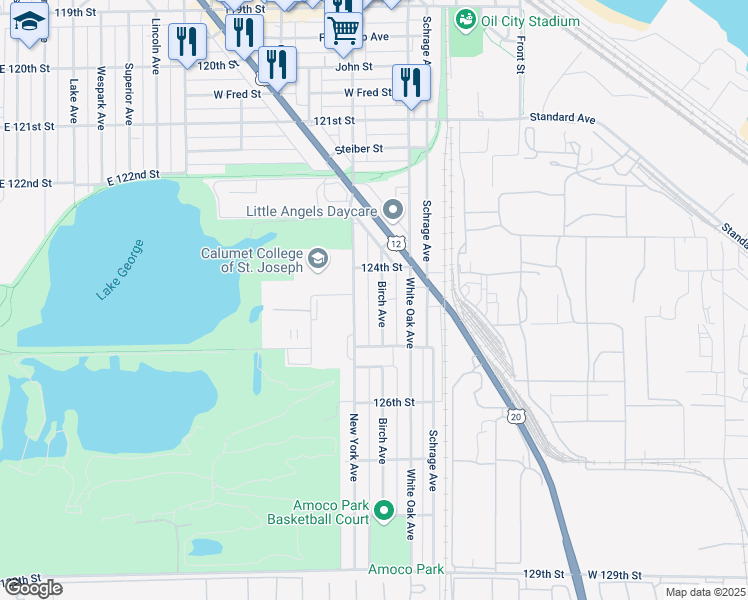 map of restaurants, bars, coffee shops, grocery stores, and more near 2430 Birch Avenue in Whiting