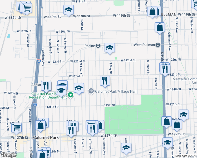 map of restaurants, bars, coffee shops, grocery stores, and more near 12309 South Elizabeth Street in Calumet Park