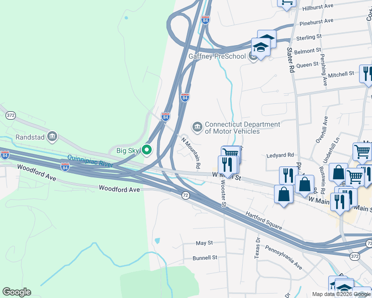 map of restaurants, bars, coffee shops, grocery stores, and more near 70 North Mountain Road in New Britain
