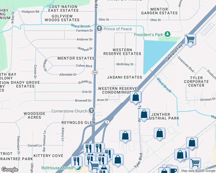 map of restaurants, bars, coffee shops, grocery stores, and more near 7398 Abby Court in Mentor
