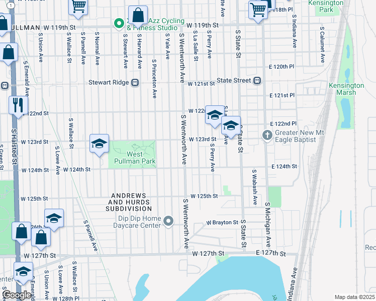 map of restaurants, bars, coffee shops, grocery stores, and more near 12323 South Wentworth Avenue in Chicago