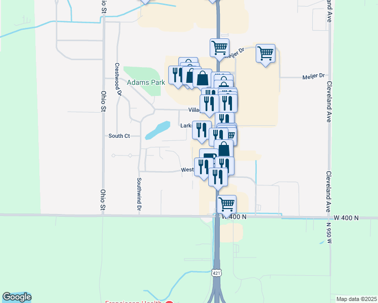 map of restaurants, bars, coffee shops, grocery stores, and more near 106 Windy Lane in Michigan City