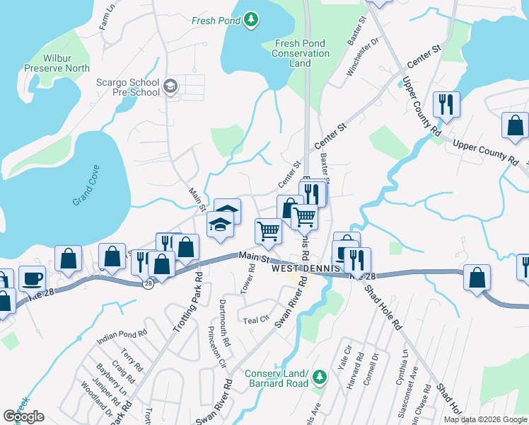 map of restaurants, bars, coffee shops, grocery stores, and more near 56 Pine Street in Dennis