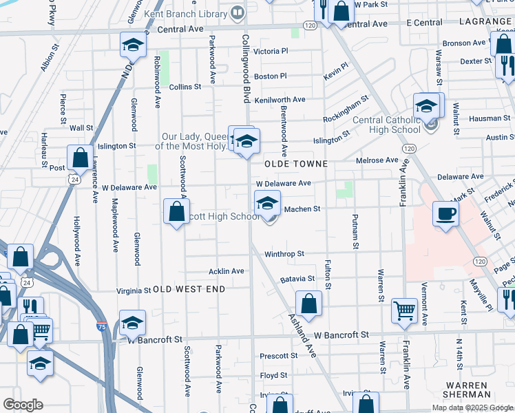 map of restaurants, bars, coffee shops, grocery stores, and more near 454 Machen Street in Toledo