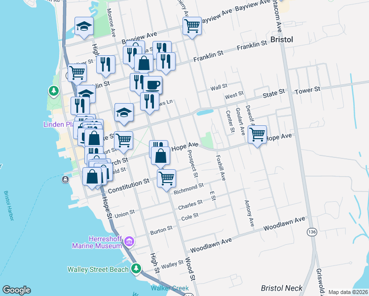 map of restaurants, bars, coffee shops, grocery stores, and more near 50 Mount Hope Avenue in Bristol