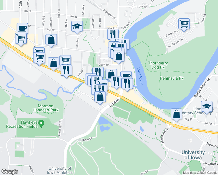 map of restaurants, bars, coffee shops, grocery stores, and more near 205 2nd Street in Coralville