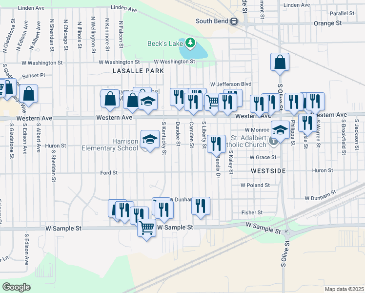map of restaurants, bars, coffee shops, grocery stores, and more near 3020 Huron Street in South Bend