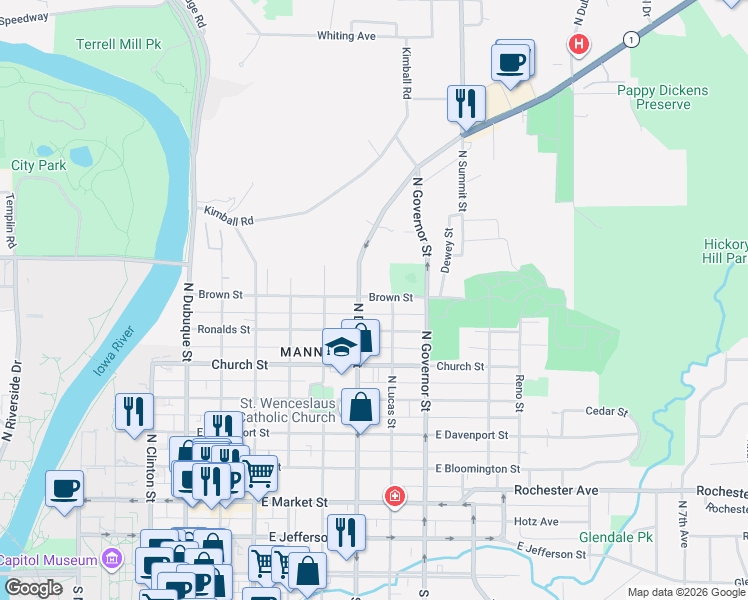 map of restaurants, bars, coffee shops, grocery stores, and more near 707 Brown Street in Iowa City